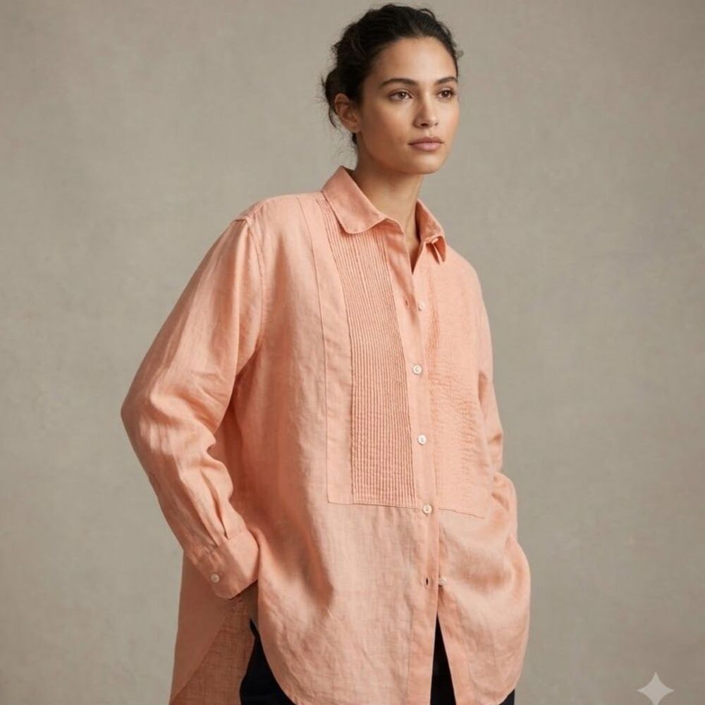 90s Arleen Bowman 100% Linen Pintuck Shirt Womens Sz L Peach Button Up Oversized